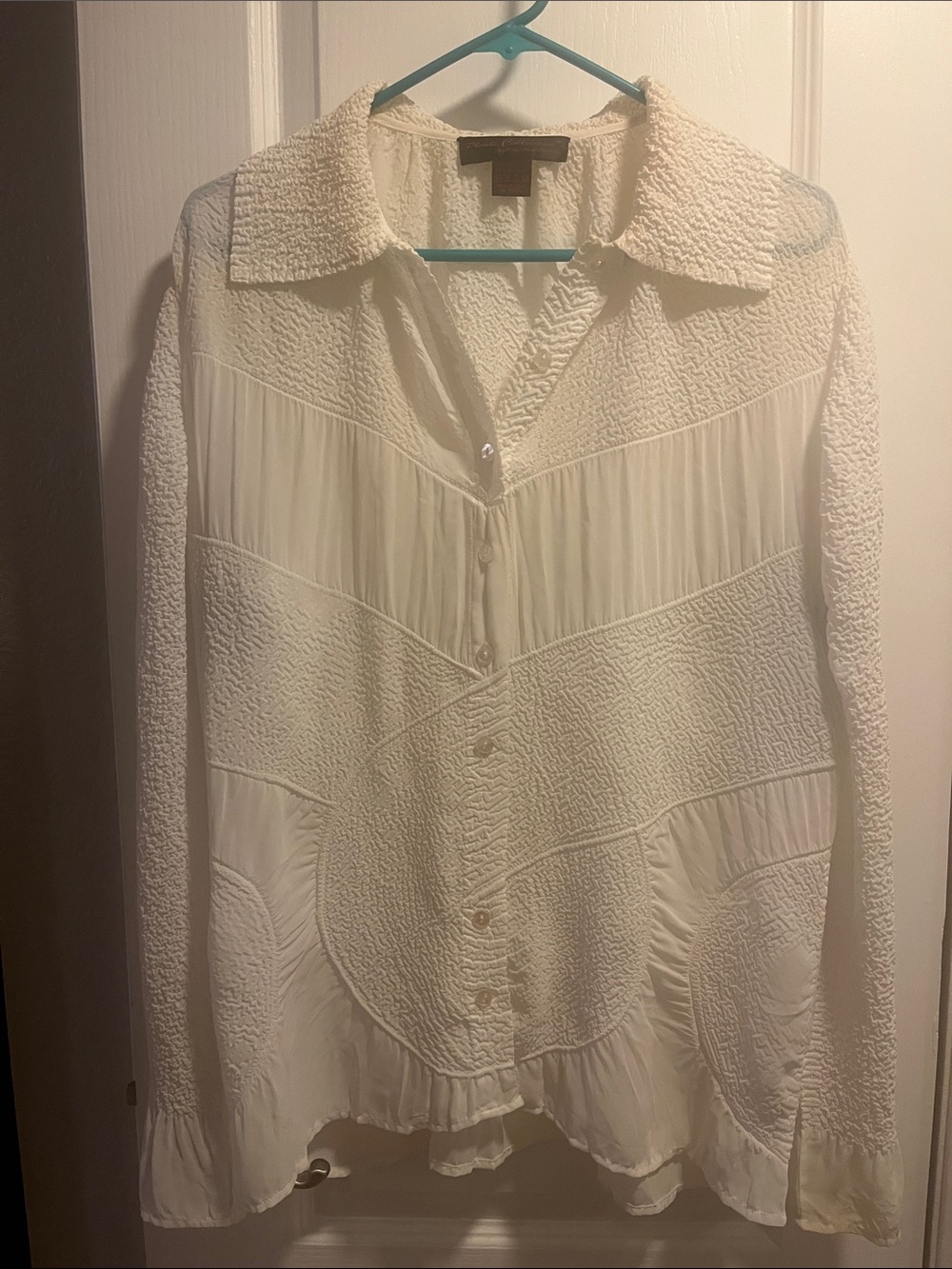 Women's Cream Textured Button-Up Blouse with Pleated Panels